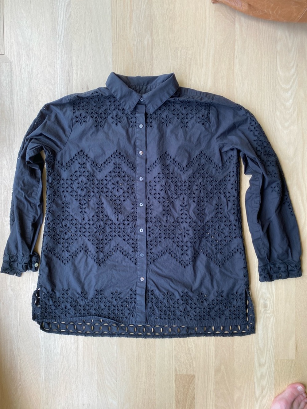 Johnny Was Navy Cutwork Eyelet Button-Down Shirt